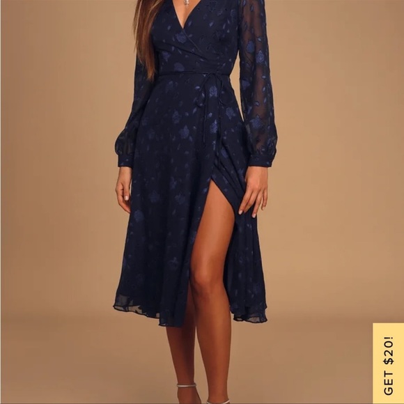 Lulus Evening of Elegance Navy Blue Floral Jacquard Wrap Midi Dress - Picture 3 of 14